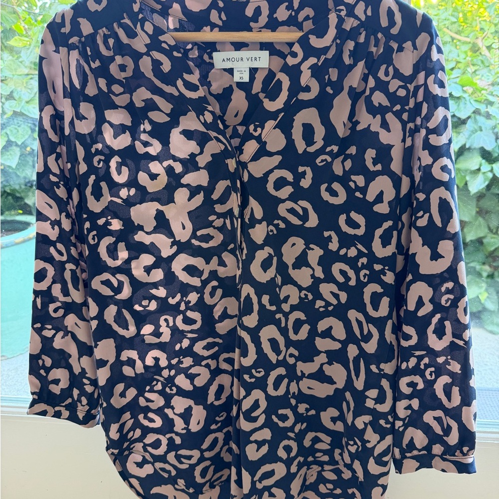 Amour Vert Black and Blush Leopard Print Women's Blouse